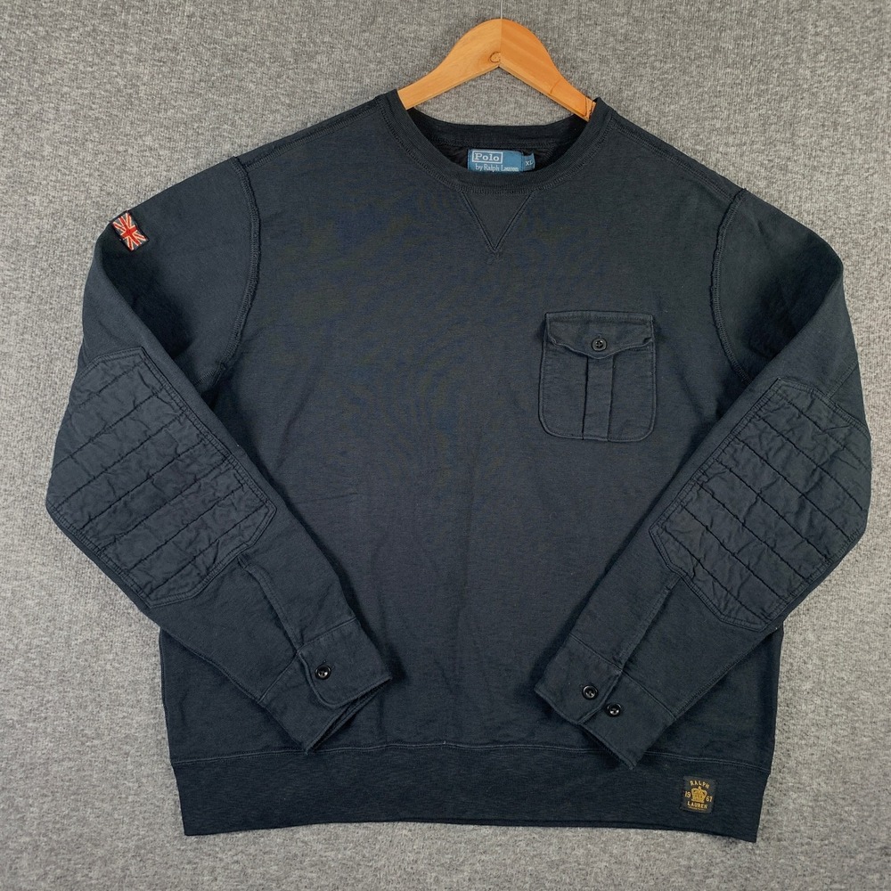 Vtg Polo Ralph Lauren Military Sweatshirt Men XL Black UK Flag Elbow Patch 90s